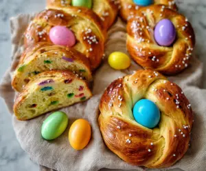 Delicious Italian Easter bread topped with colorful eggs for a festive celebration.