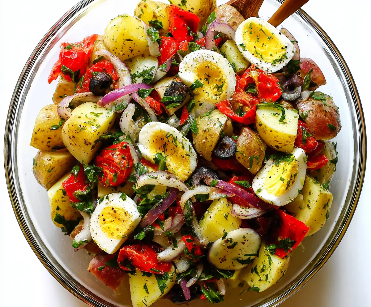 Delicious Italian Easter Potato Salad with colorful vegetables and herbs on a festive plate