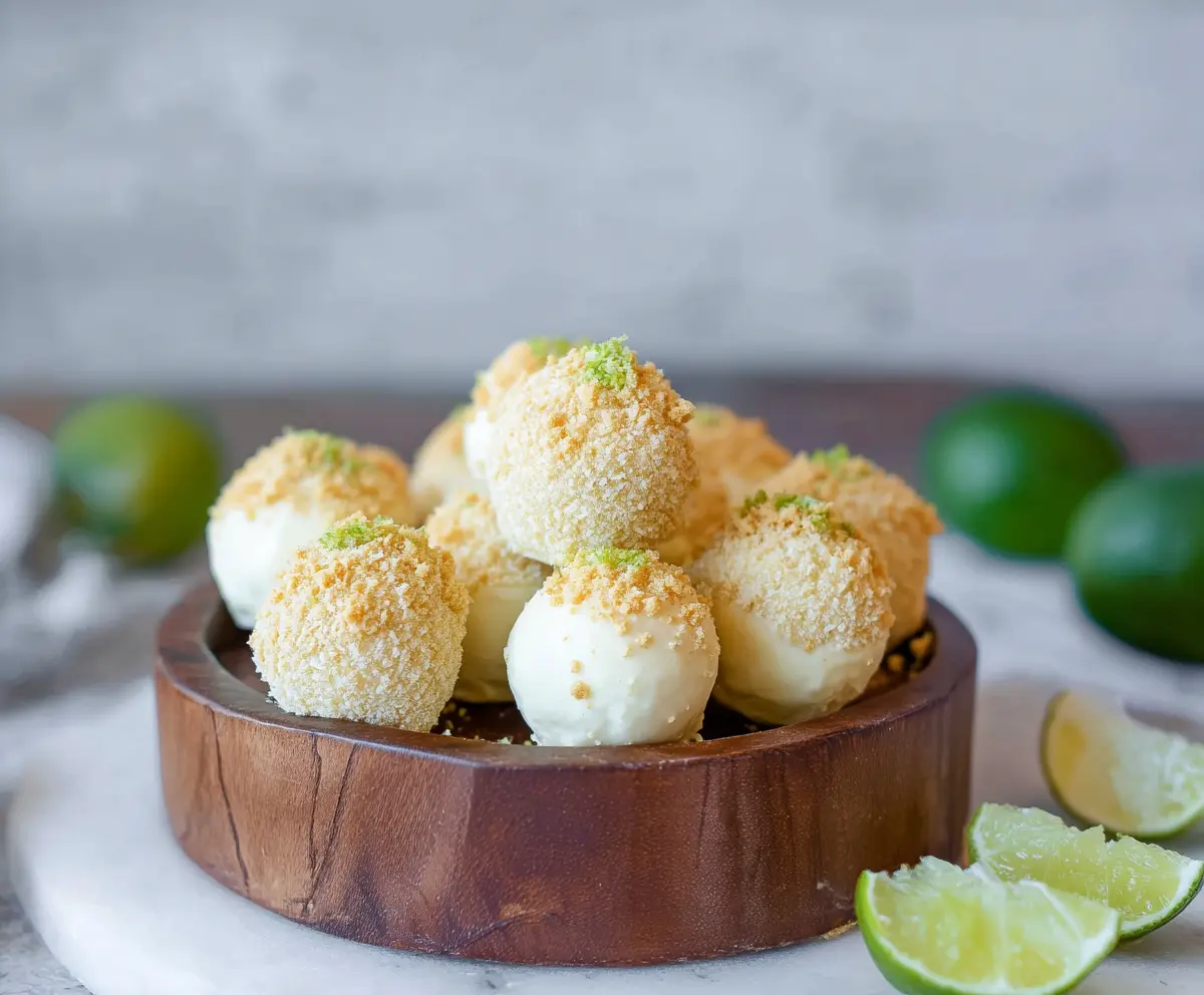 Delicious Key Lime Pie Truffles with a smooth lime-flavored coating and crumbly graham cracker crust.