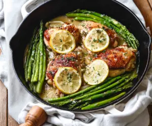 Delicious lemon chicken served with fresh asparagus on a white plate