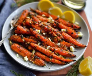 Roasted carrots glazed with lemon and Dijon mustard, garnished for a vibrant lemon Dijon roasted carrots dish.