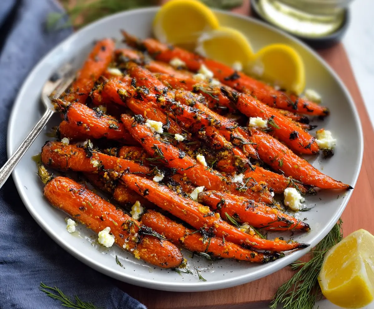 Roasted carrots glazed with lemon and Dijon mustard, garnished for a vibrant lemon Dijon roasted carrots dish.