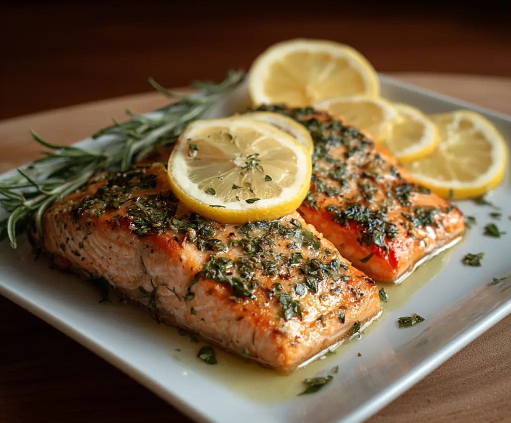 Delicious Lemon Herb Salmon fillet cooked to perfection, garnished with fresh herbs and lemon slices.