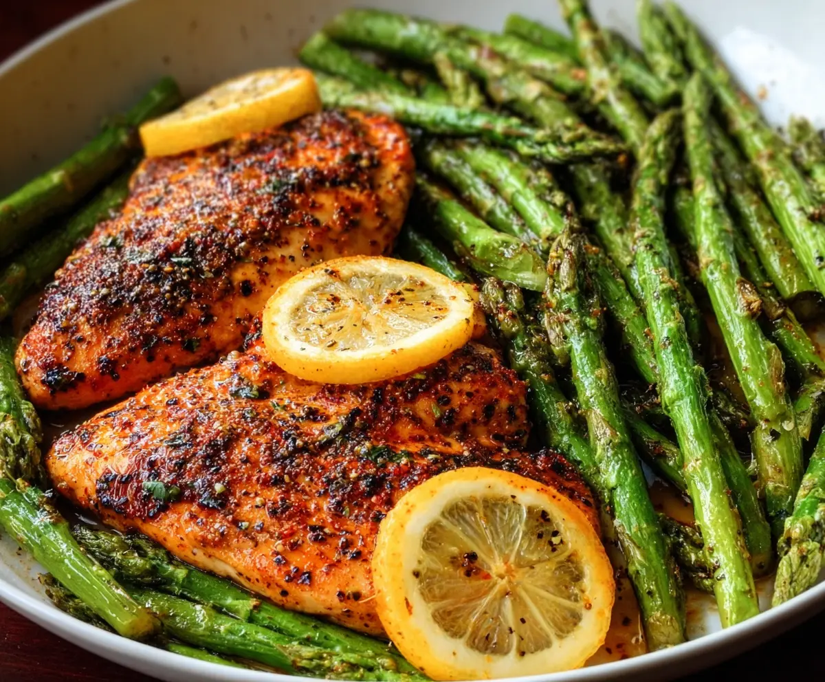 Juicy lemon pepper chicken served with fresh roasted asparagus on a white plate.