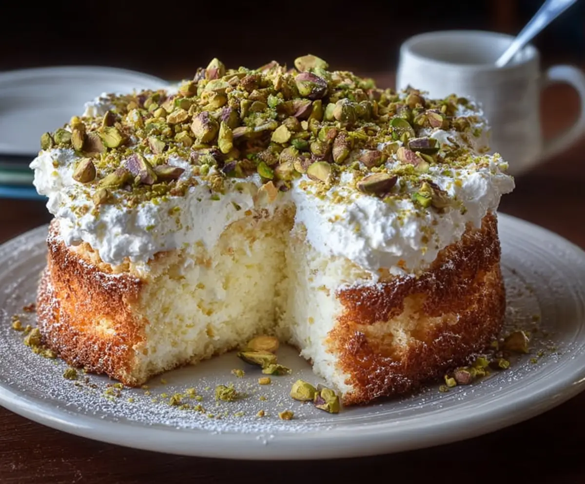 Delicious Lemon Pistachio Ricotta Cloud Cake with a fluffy texture and vibrant toppings