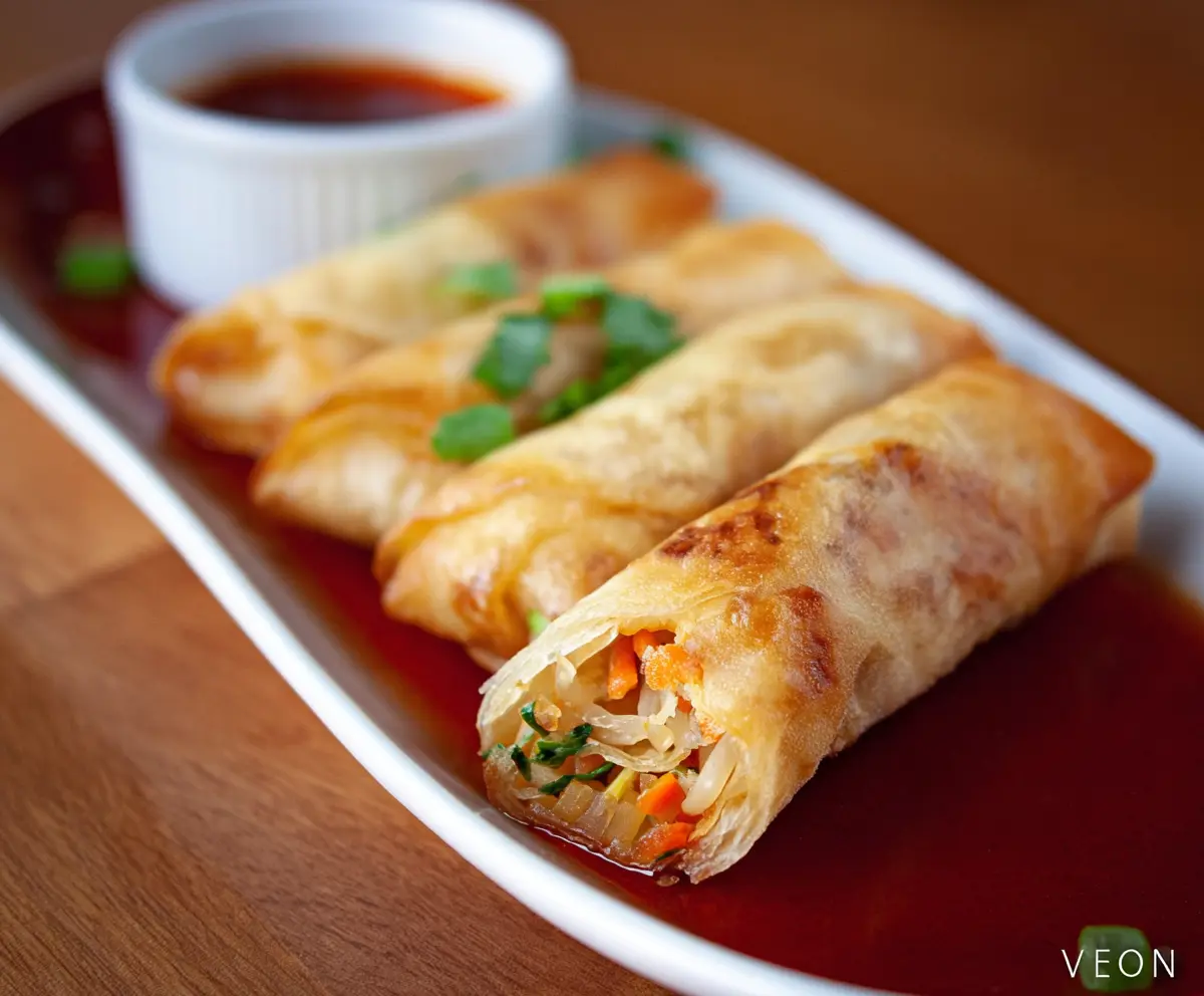 Delicious Lo Mein Spring Rolls with fresh vegetables and savory dipping sauce
