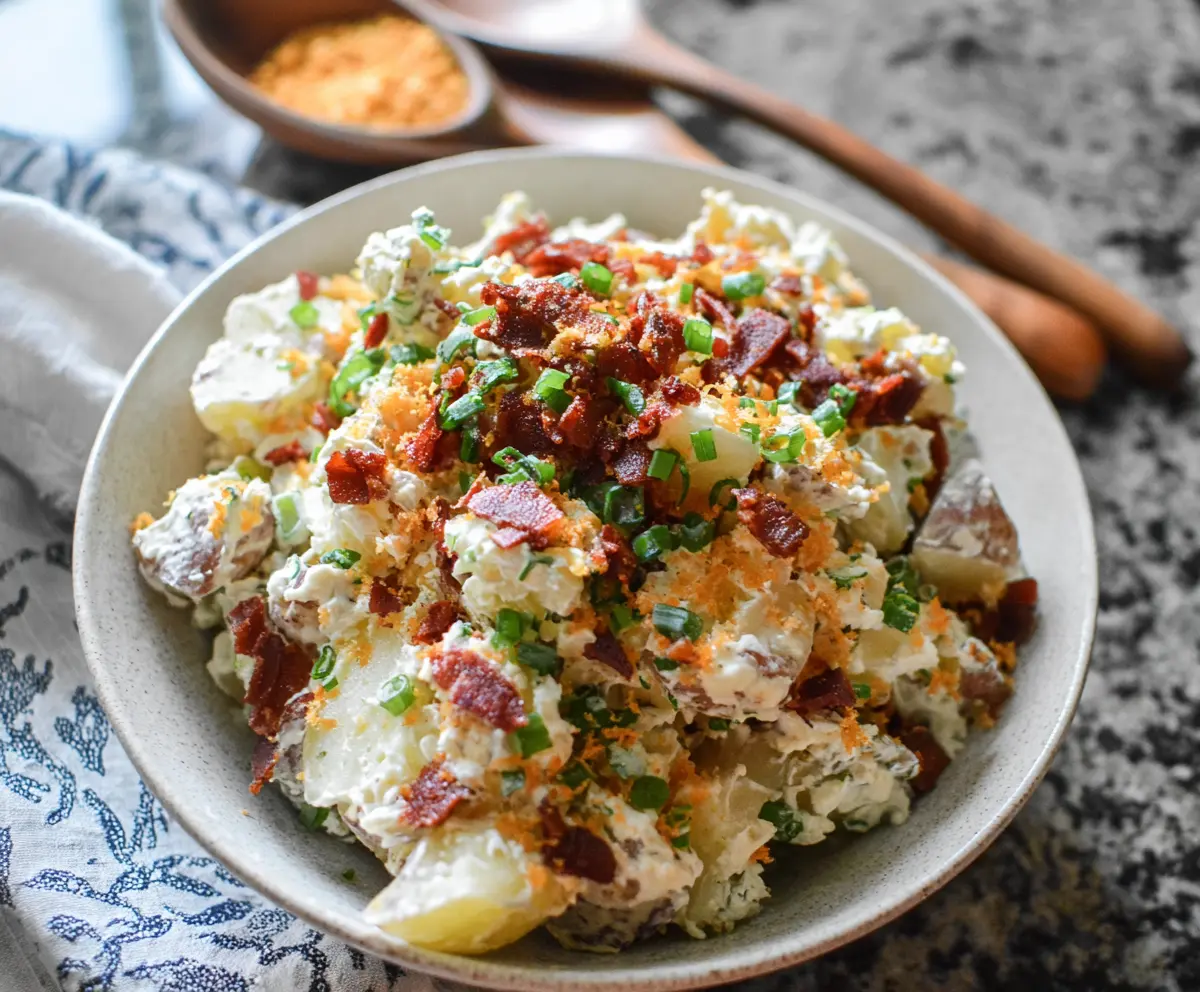 Creamy loaded potato salad topped with bacon, cheese, and green onions for a delicious summer side dish.