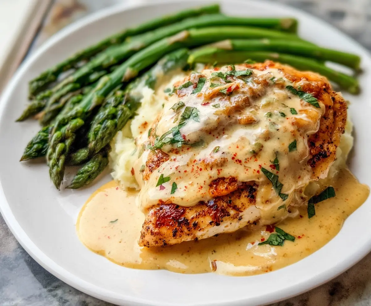 Delicious Marry Me Chicken with Fresh Asparagus on a white plate, showcasing a flavorful creamy sauce and tender chicken breast.