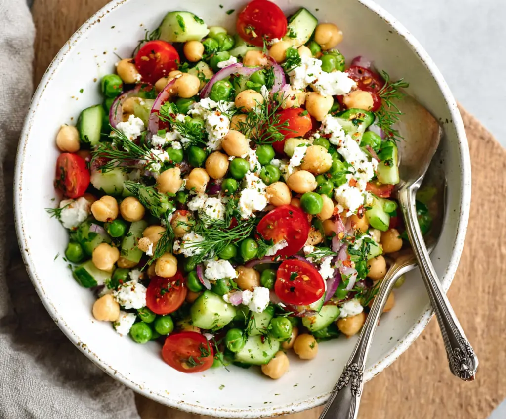 Fresh Mediterranean Pea Salad with cherry tomatoes, feta cheese, and herbs in a rustic bowl