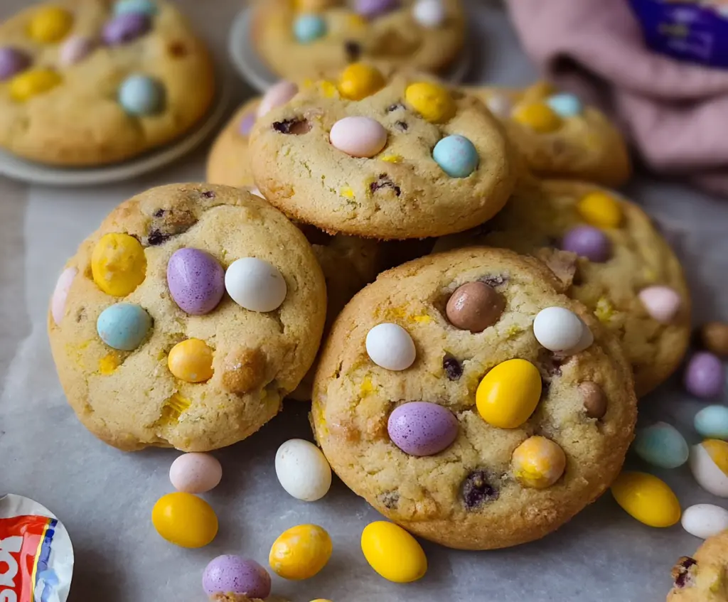 Delicious mini egg cookies with colorful chocolate eggs and chewy texture