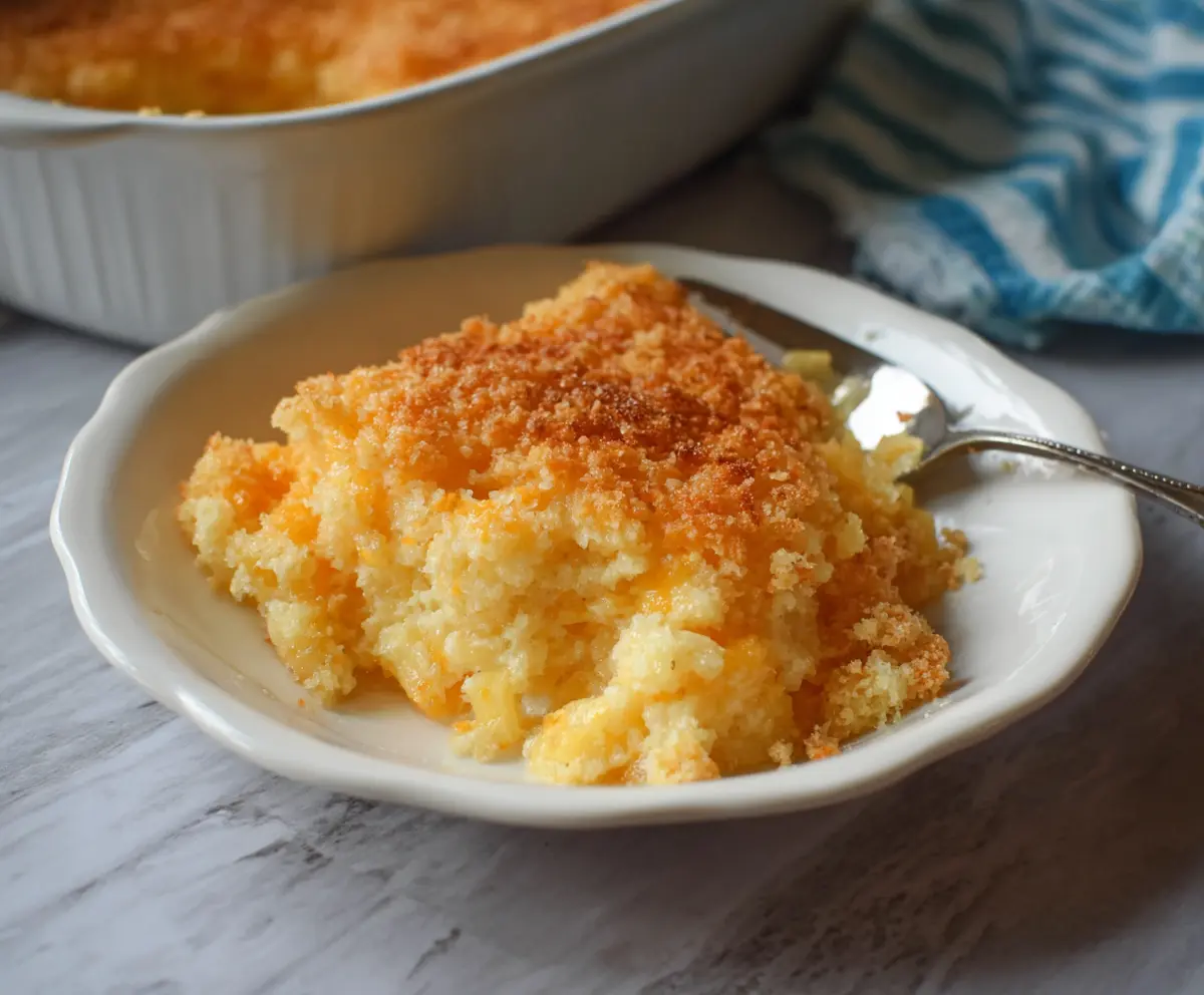 Delicious Pineapple Cheese Casserole with melted cheese and fresh pineapple chunks.