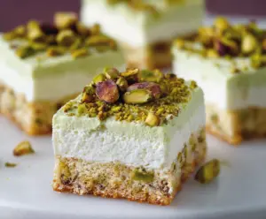 Delicious pistachio cream bars with a creamy filling and a crispy base, perfect for a sweet treat.