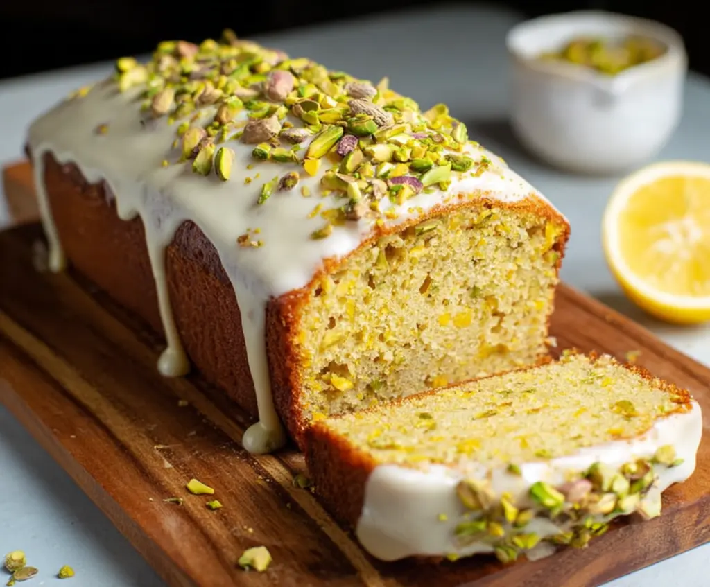 Delicious Pistachio Lemon Pound Cake on a plate, garnished with lemon slices and chopped pistachios.
