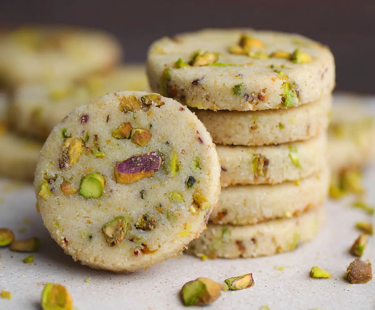 Delicious pistachio shortbread cookies with a buttery texture and green nuts.
