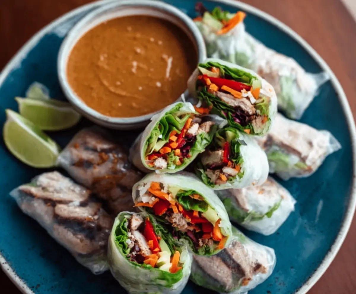 Delicious pork spring rolls served with a creamy peanut lime sauce, perfect for appetizers or light meals.