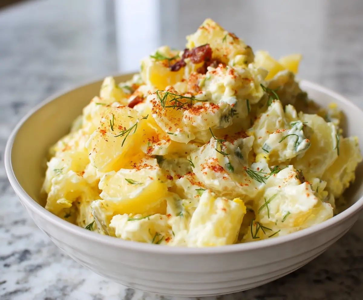 Creamy potato salad with fresh herbs and crispy bacon bits on a summer picnic plate.