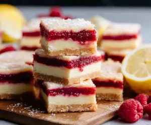 Delicious raspberry lemon cheesecake bars with a creamy filling and fresh raspberry topping.