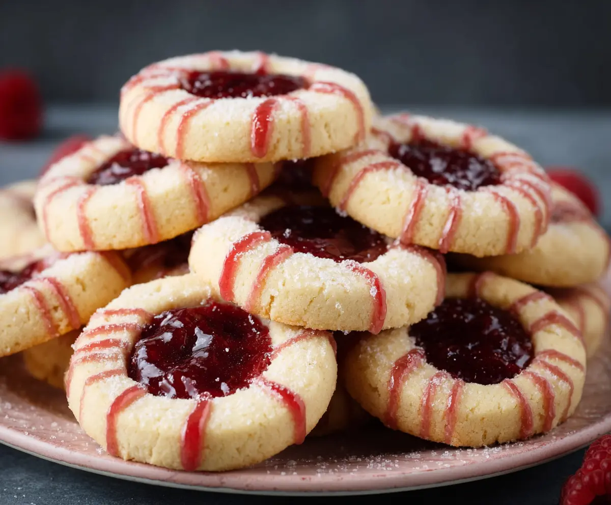 Delicious raspberry shortbread cookies with fresh fruit and buttery texture on a rustic plate.