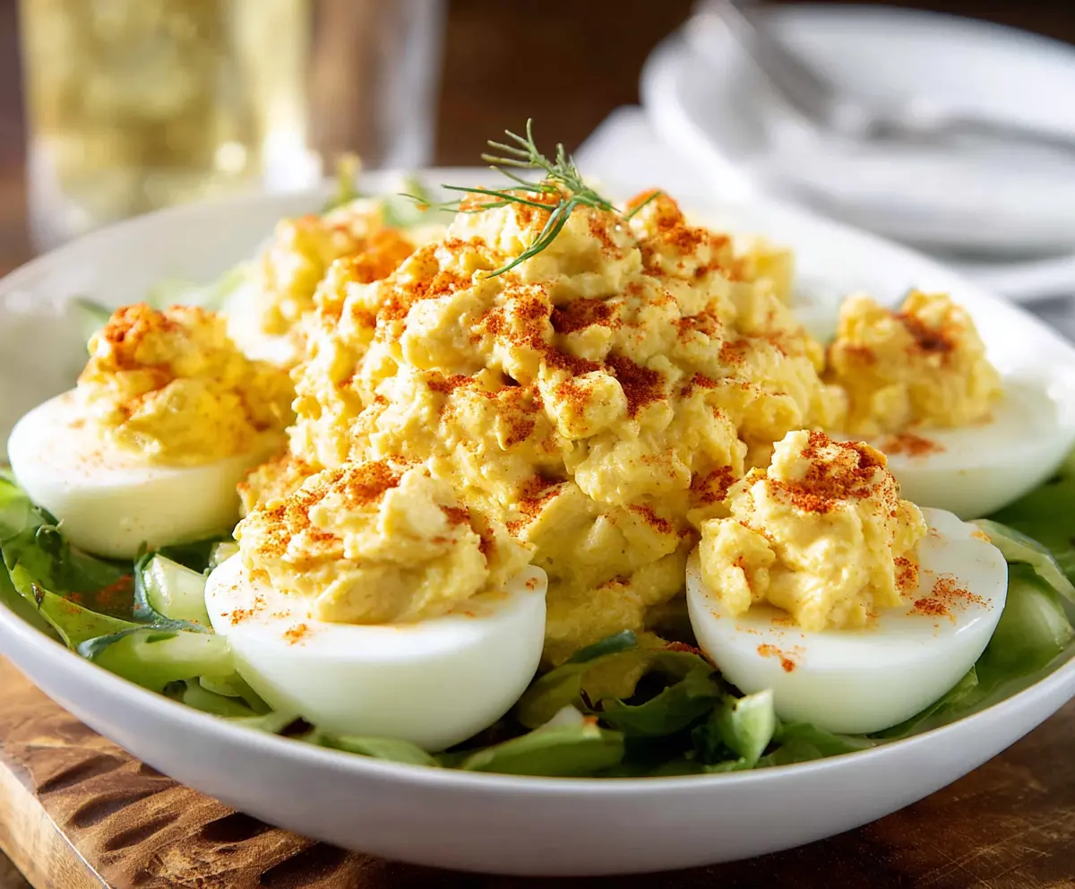 Salad Deviled Eggs topped with fresh herbs on a colorful plate, perfect for a healthy appetizer.