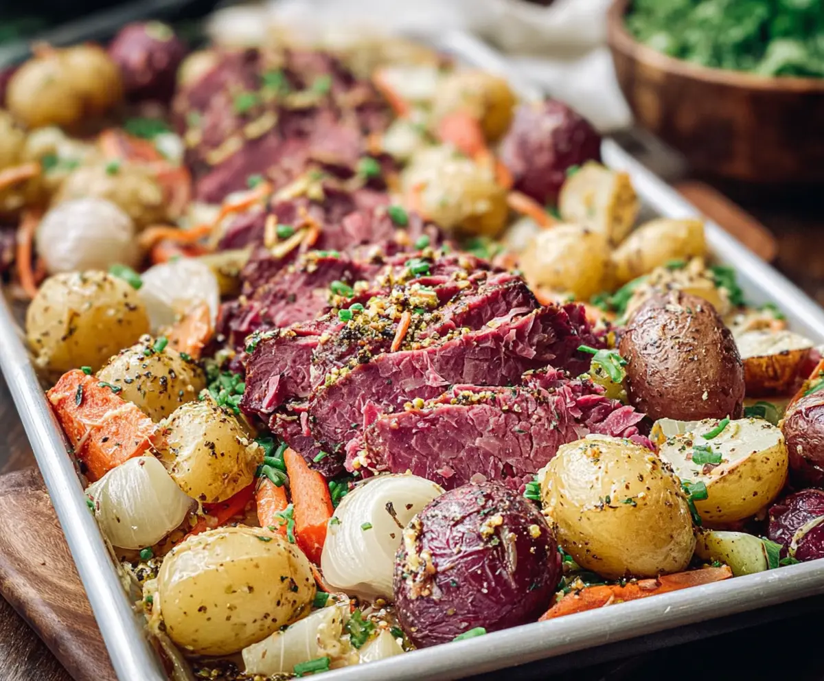 Delicious Sheet Pan Corned Beef with roasted vegetables, perfect for a hearty family dinner
