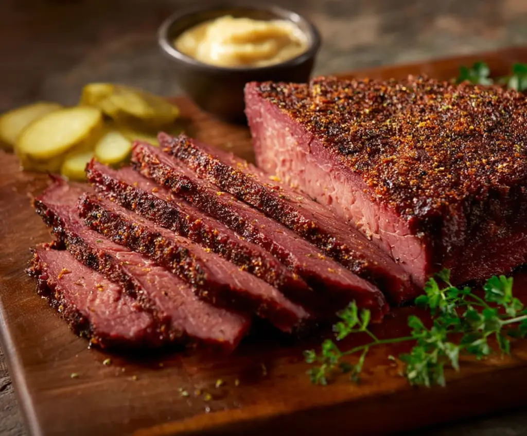 Delicious smoked corned beef served on a rustic platter showcasing its tender, flavorful texture.