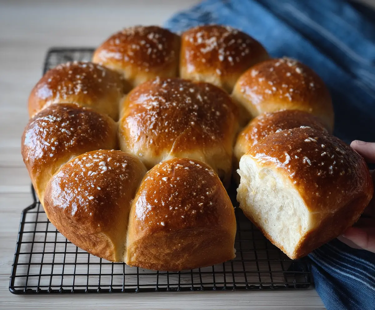 Freshly baked sourdough brioche bread rolls with a golden crust on a rustic wooden surface.