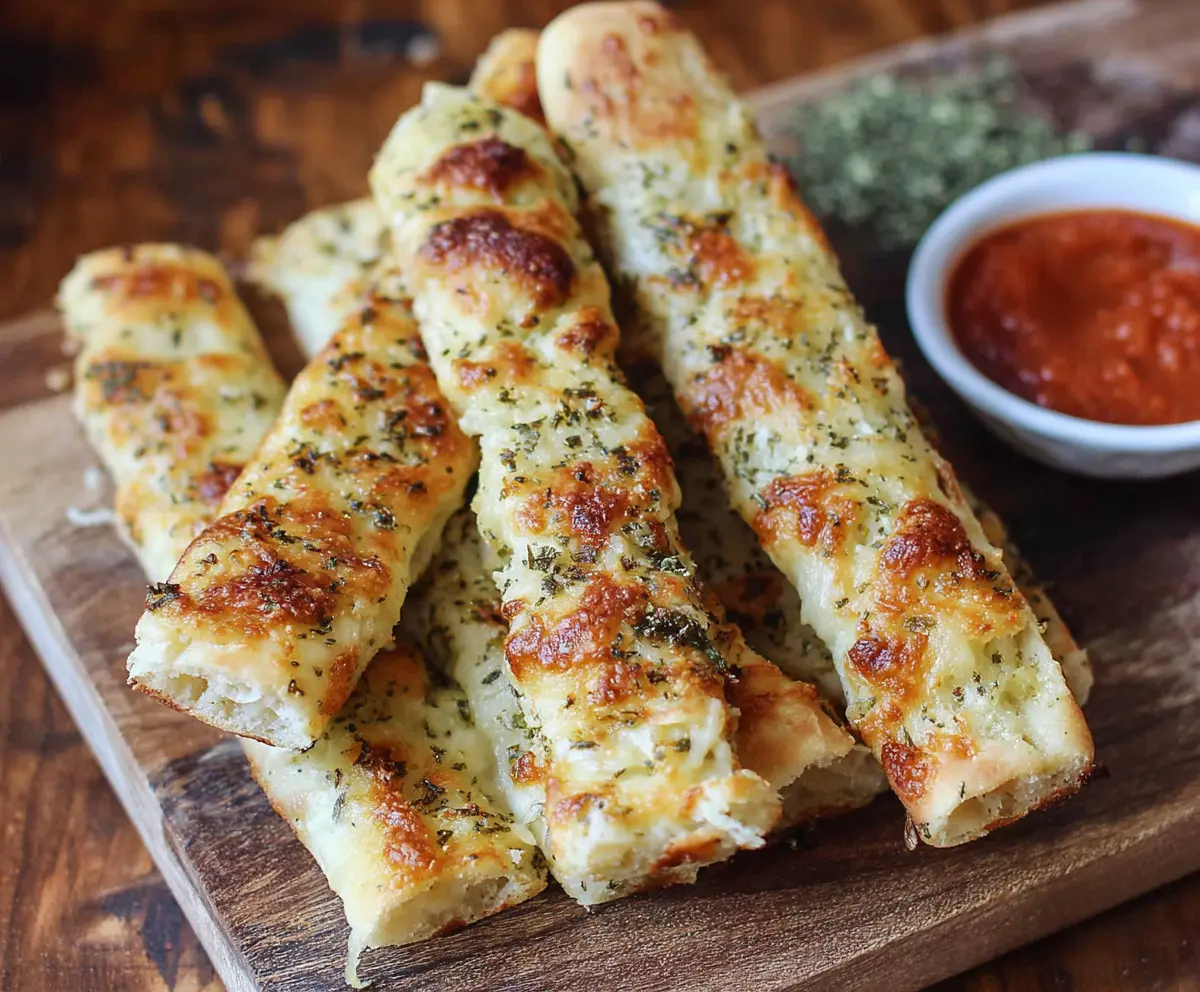 Golden baked sourdough cheesy breadsticks topped with melted cheese and herbs, perfect for snack time.