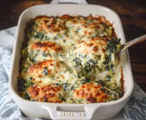 Delicious Spinach Artichoke Chicken Casserole served in a baking dish with melted cheese and fresh herbs.