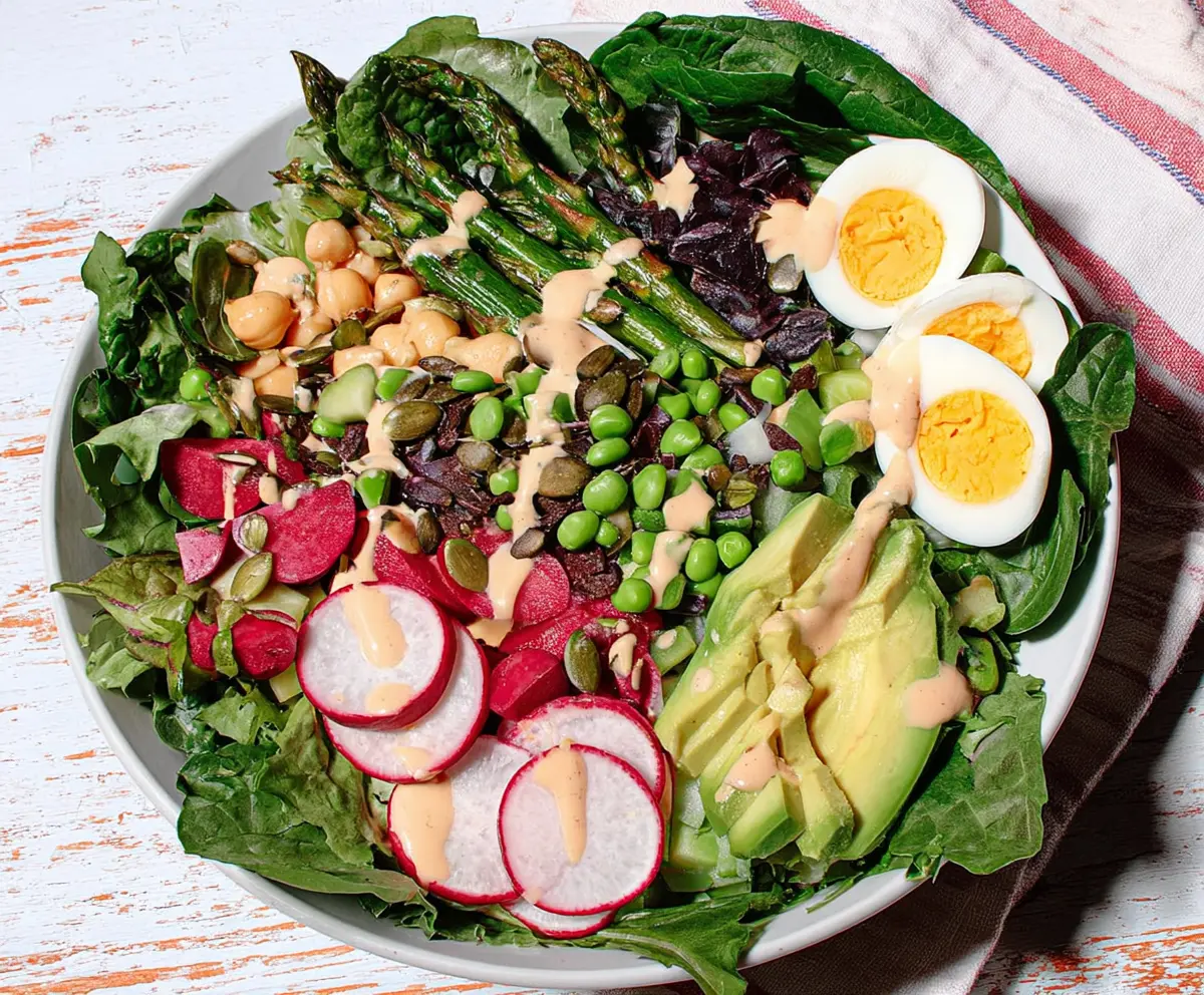 Fresh spring chopped salad with vibrant vegetables and herbs, perfect for a light healthy meal.