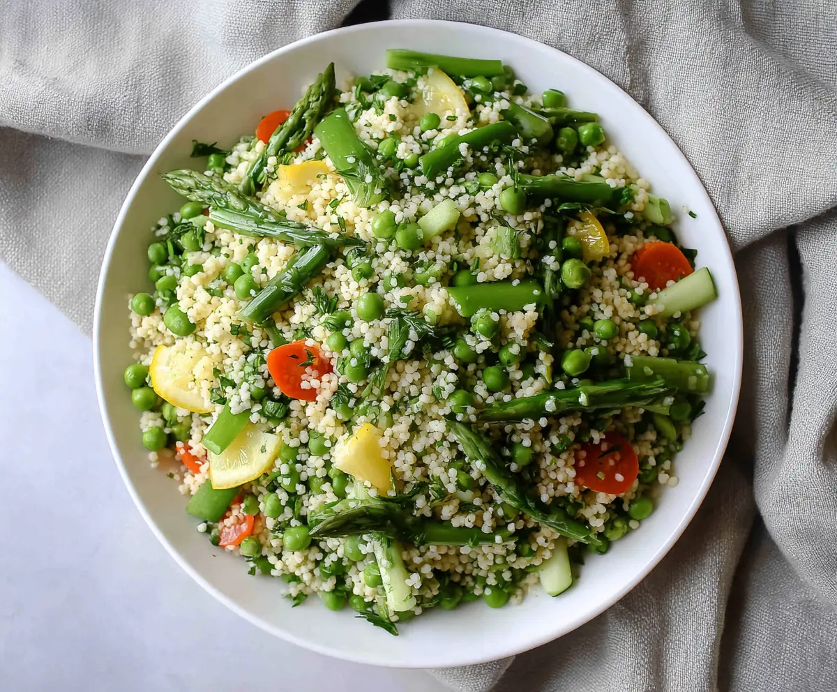 Colorful Spring Couscous Salad with fresh vegetables and herbs, perfect for a light meal or side dish