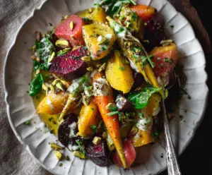 Colorful spring root vegetable salad with pistachio vinaigrette and fresh herbs