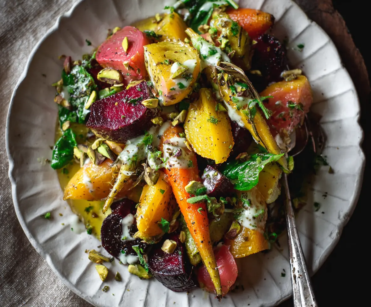 Colorful spring root vegetable salad with pistachio vinaigrette and fresh herbs