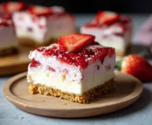 Delicious strawberry cheesecake bars topped with fresh strawberries and creamy cheesecake filling on a white plate.