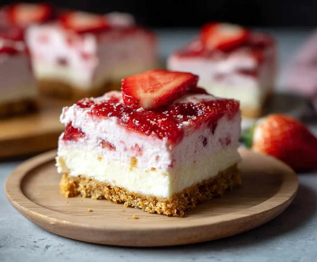 Delicious strawberry cheesecake bars topped with fresh strawberries and creamy cheesecake filling on a white plate.