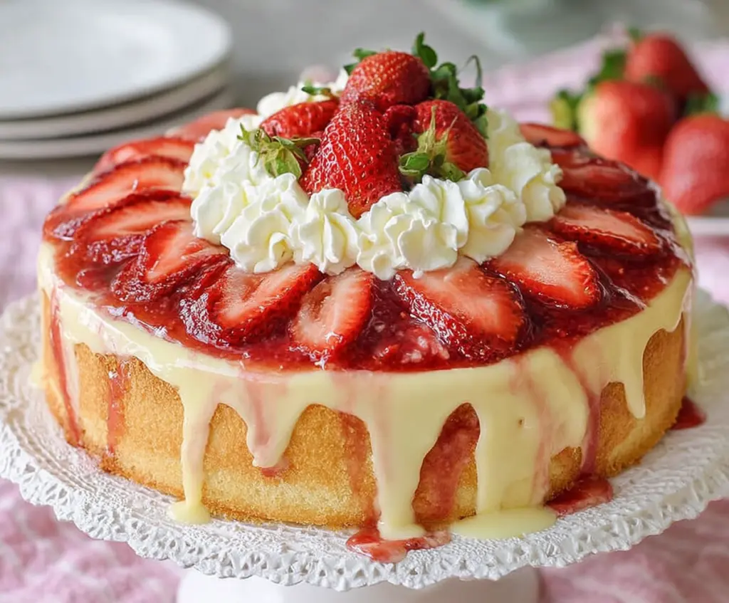 Delicious strawberry custard cake with fresh strawberries and creamy custard topping.