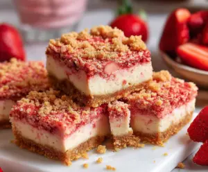 Delicious Strawberry Shortcake Cheesecake Bars with fresh strawberries and whipped cream topping.