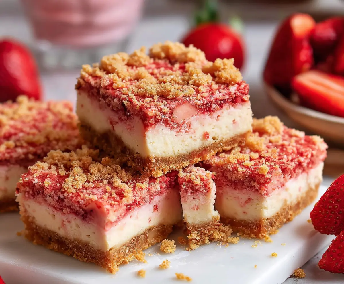 Delicious Strawberry Shortcake Cheesecake Bars with fresh strawberries and whipped cream topping.