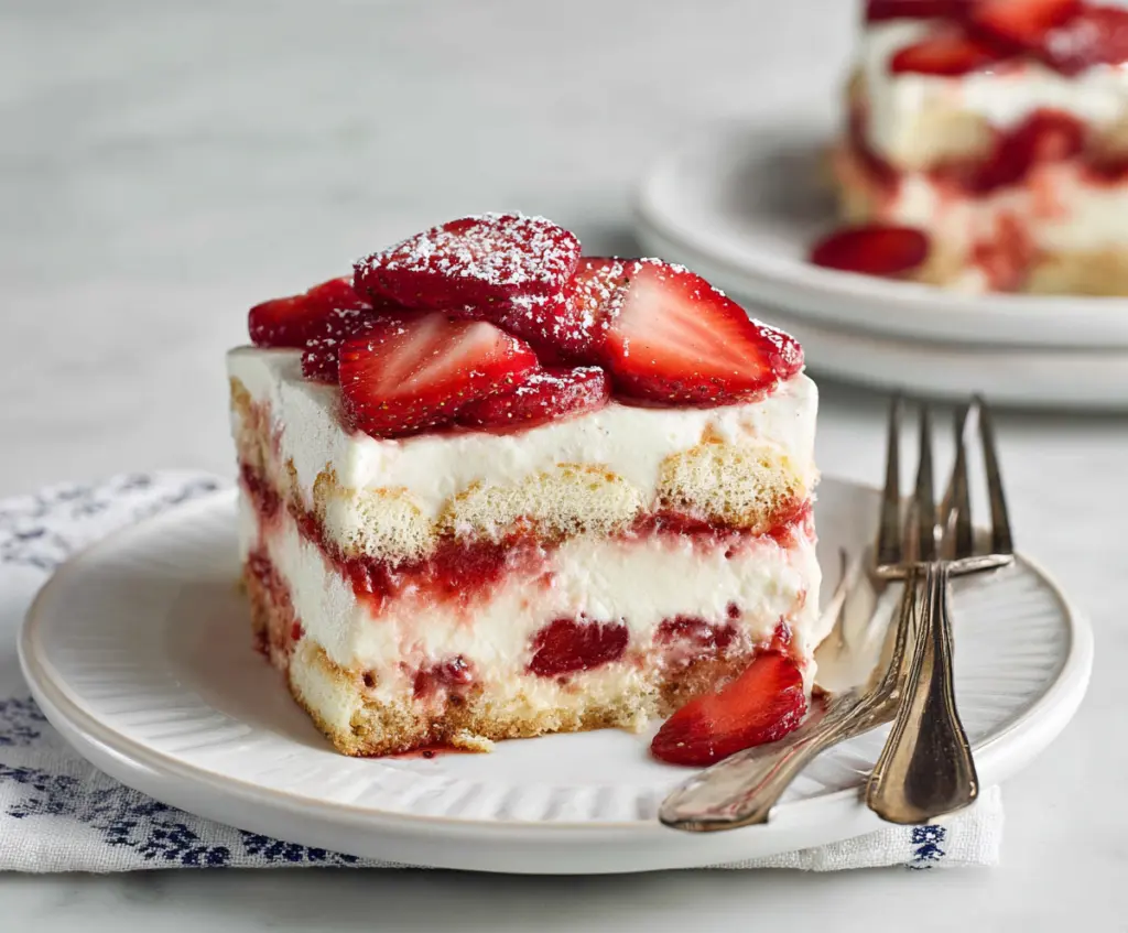 Delicious Strawberry Tiramisu dessert layered with fresh strawberries and creamy mascarpone.