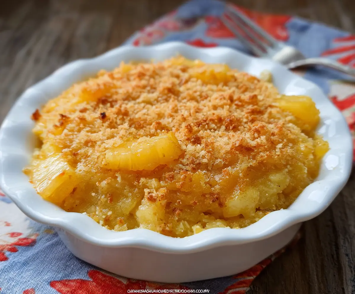 Delicious Sweet And Sour Pineapple Casserole served in a baking dish with vibrant pineapple chunks and a savory glaze.