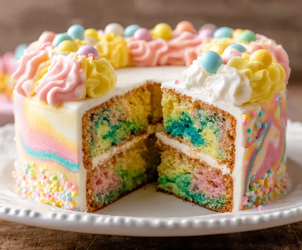 Colorful swirled Easter cake with festive frosting and decorative toppings.