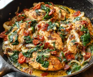 Delicious Tuscan Chicken Skillet with herbs, tomatoes, and creamy sauce served in a rustic skillet.
