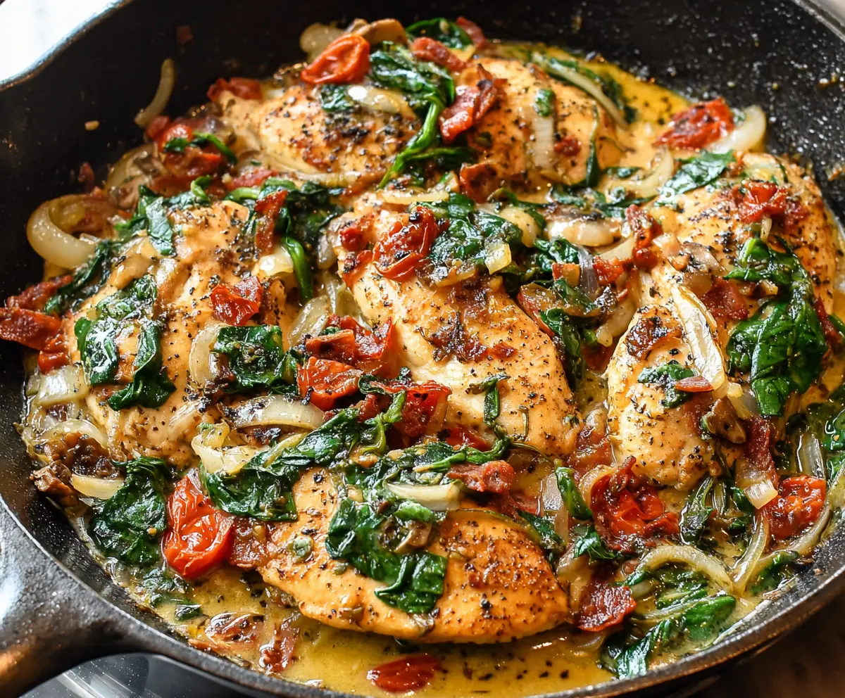 Delicious Tuscan Chicken Skillet with herbs, tomatoes, and creamy sauce served in a rustic skillet.