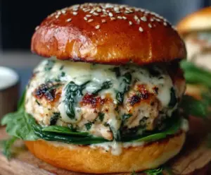 Delicious White Cheddar Spinach Chicken Burgers served on a plate with fresh vegetables