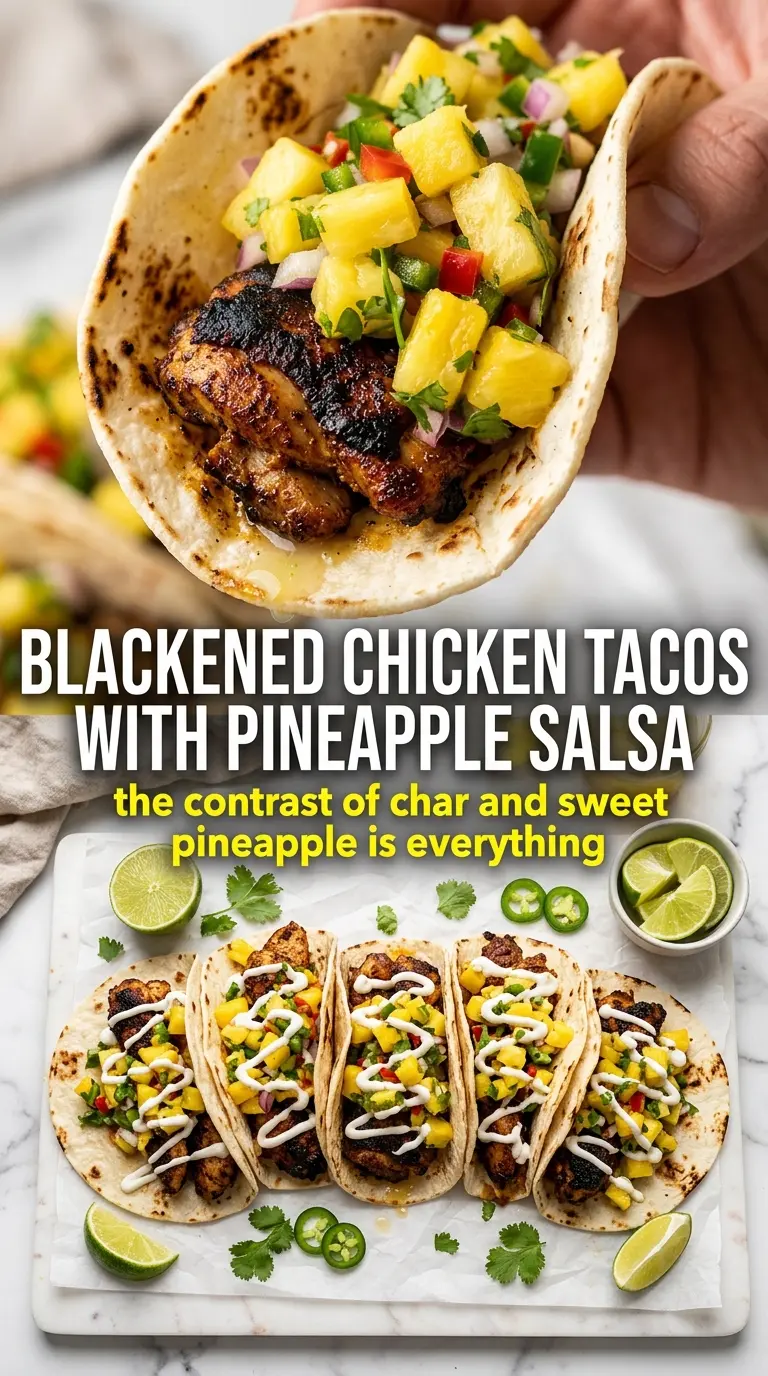 Blackened Chicken Tacos with Pineapple Salsa, charred, fresh, vibrant