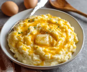 Creamy Cheddar Garlic Mashed Potatoes served in a rustic bowl, garnished with fresh herbs.