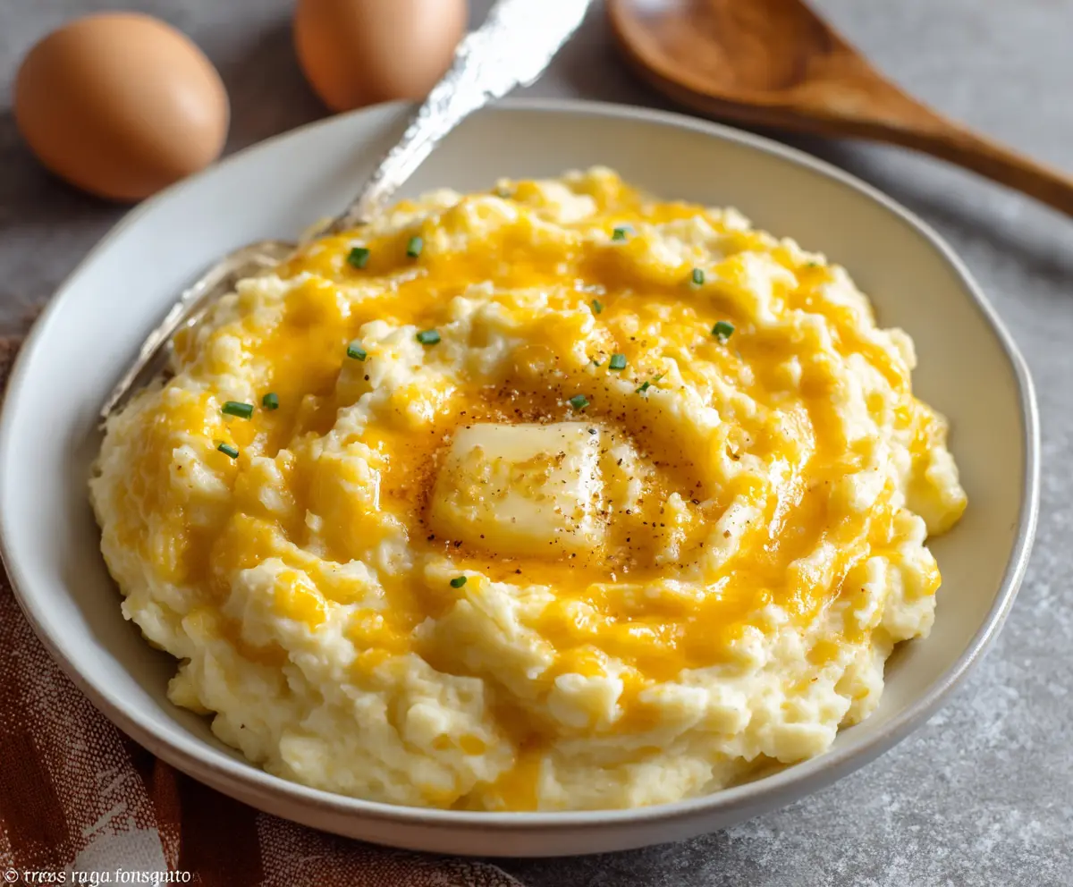 Creamy Cheddar Garlic Mashed Potatoes served in a rustic bowl, garnished with fresh herbs.