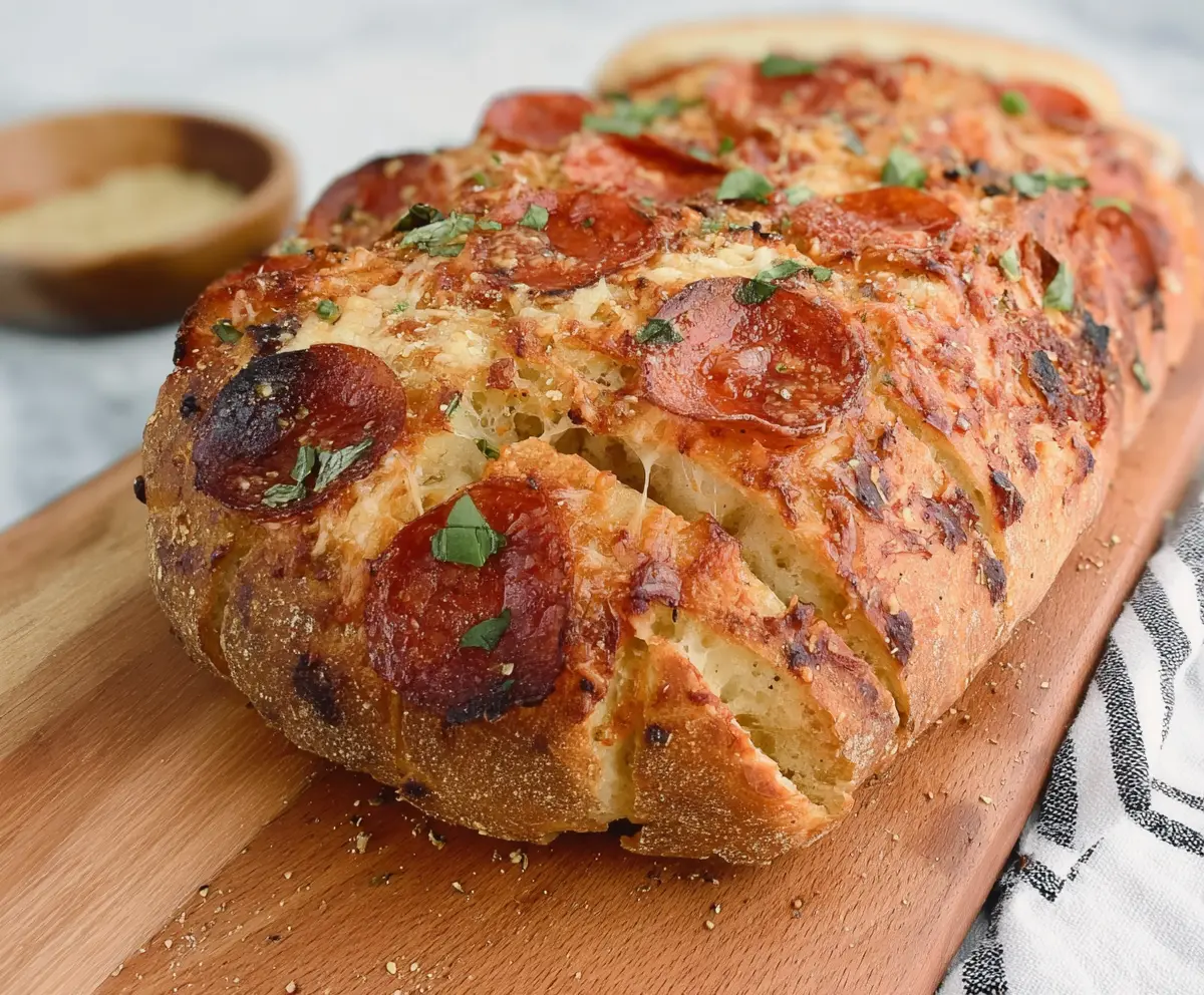 Delicious cheesy pepperoni sourdough pizza bread fresh out of the oven.
