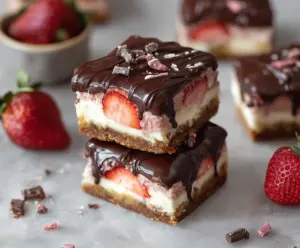 Chocolate-covered strawberry donut cheesecake bars with rich chocolate glaze and fresh strawberries on top.