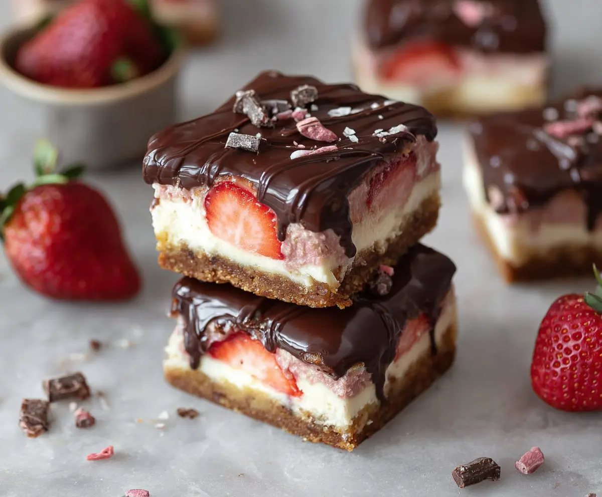 Chocolate-covered strawberry donut cheesecake bars with rich chocolate glaze and fresh strawberries on top.