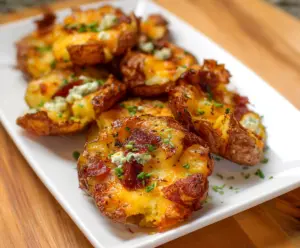 Crispy cheesy smashed potatoes garnished with herbs served on a plate